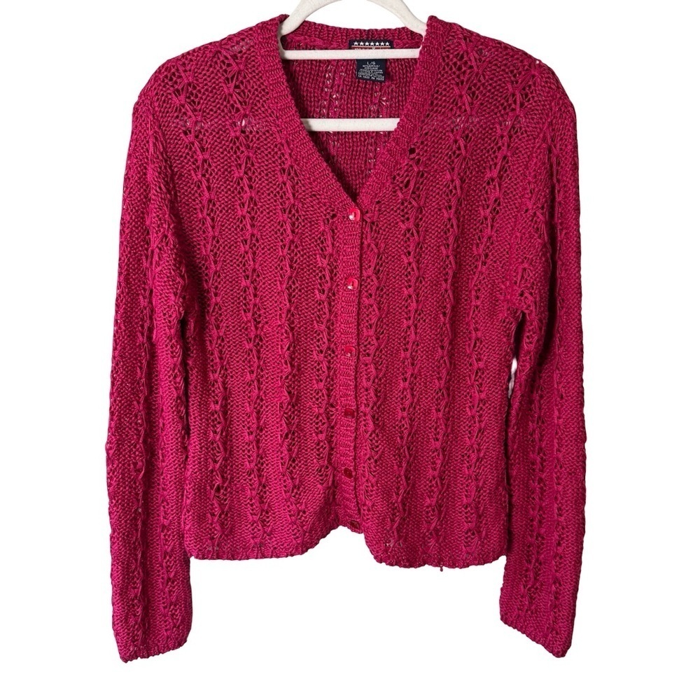 mac & jac Y2K Fuchsia Crochet Open Knit Cardigan Size L Lightweight Airy